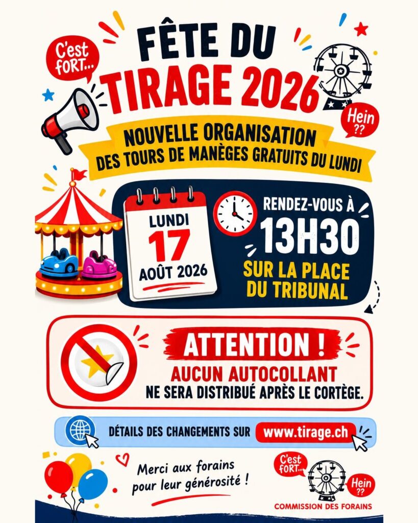 Affiche annonçant la nouvelle organisation des tours de manèges gratuits du lundi 17 août 2026, rendez-vous à 13h30 sur la Place du Tribunal